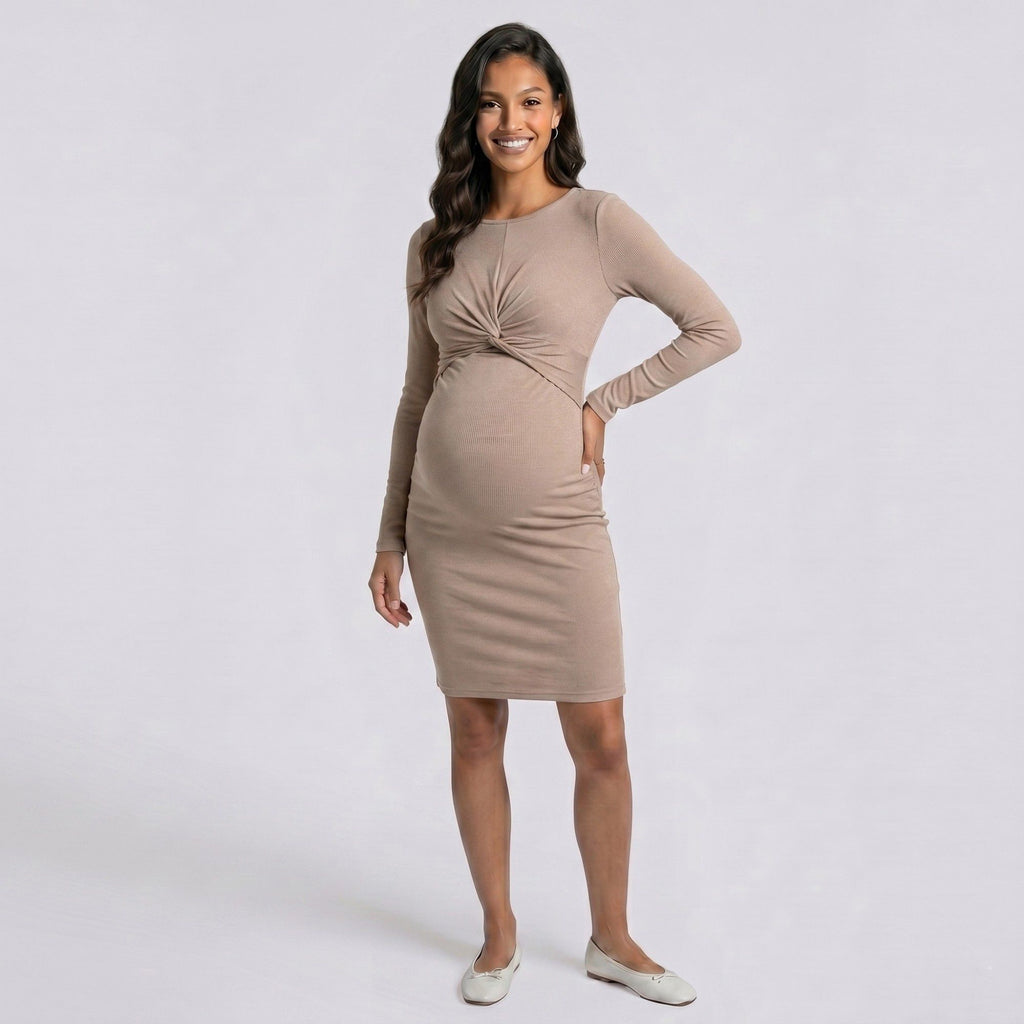 Anna-Kaci Women's Maternity Ribbed Long Sleeve Bodycon Dress with Front Twist Detail