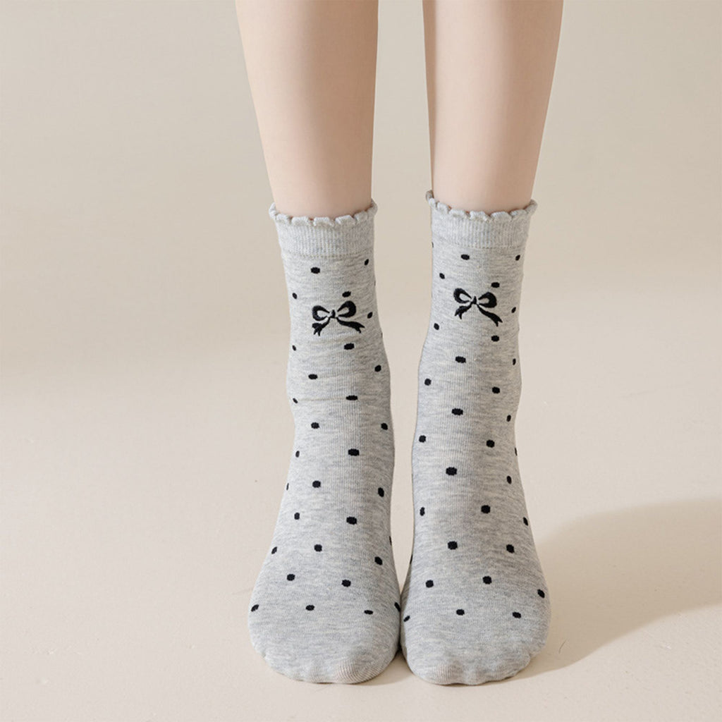 Anna-Kaci 3-Pair Soft Polka Dot Socks with Bow Embroidery and Ruffled Cuff Design