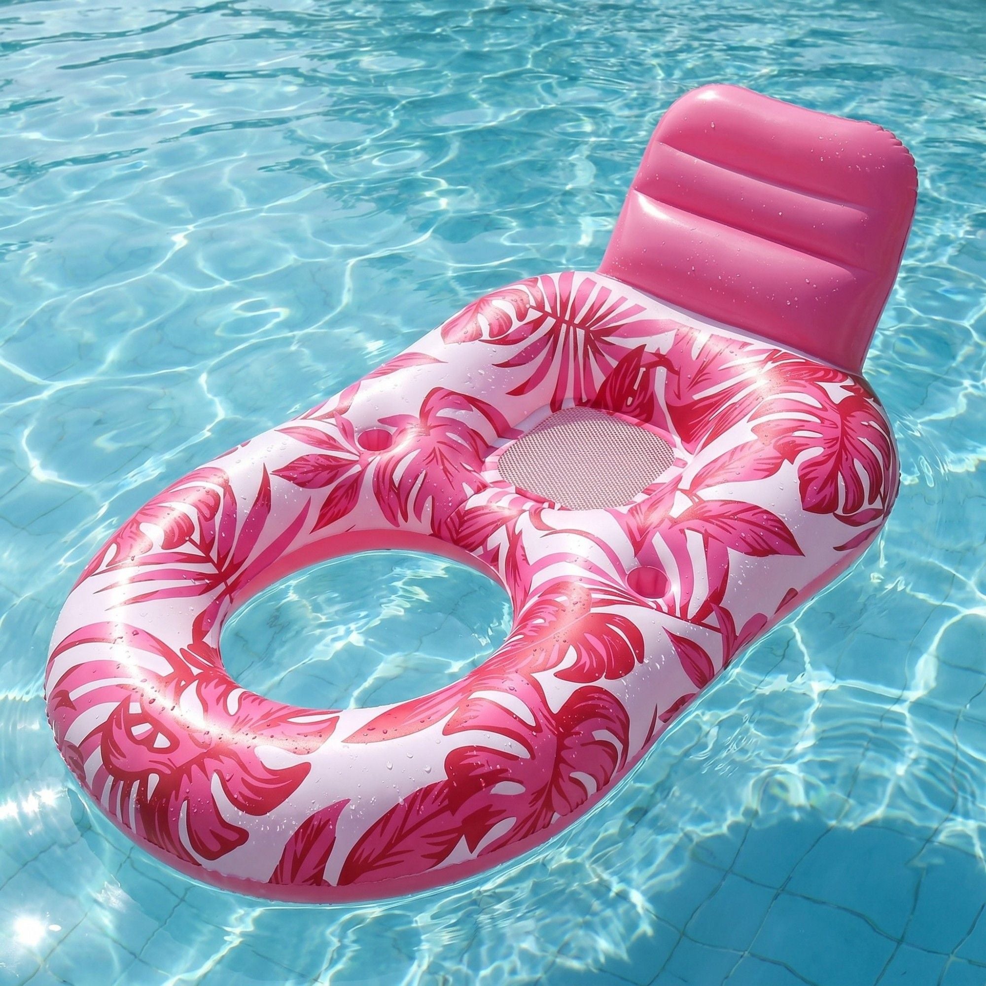 Tropical Leaf Inflatable Pool Lounge Float with Backrest Mesh Seat Cup Holder Durable PVC Float for Pool Beach Lake 63x47x27.5in