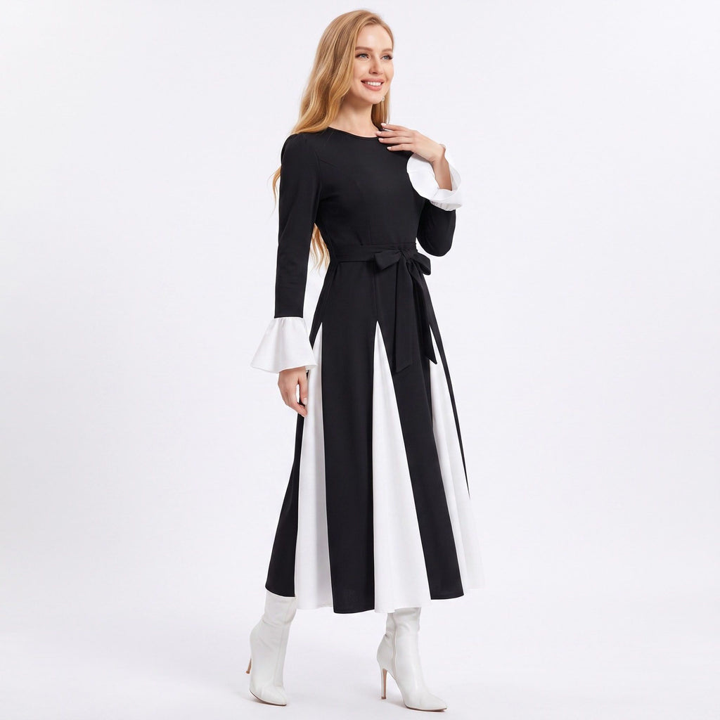 Color Block Belted Long Sleeve Fit and Flare Midi Dress