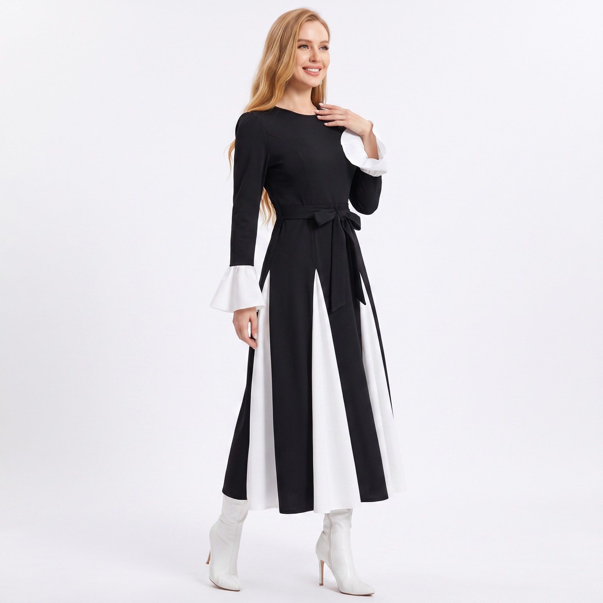 Color Block Belted Long Sleeve Fit and Flare Midi Dress