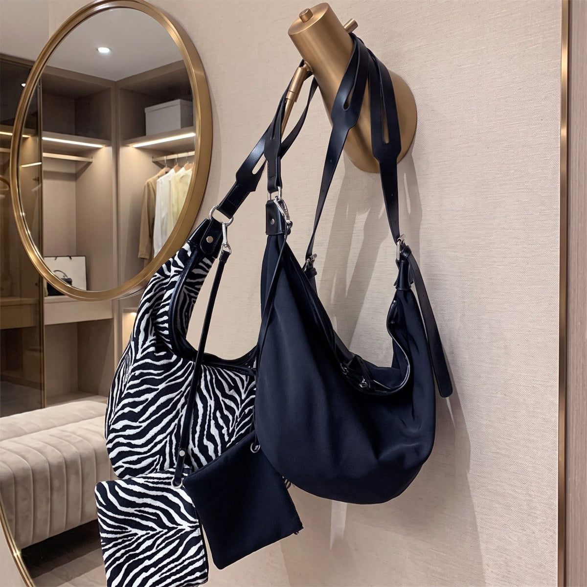 Crescent Hobo Shoulder Bag with Detachable Zip Pouch and Adjustable Strap