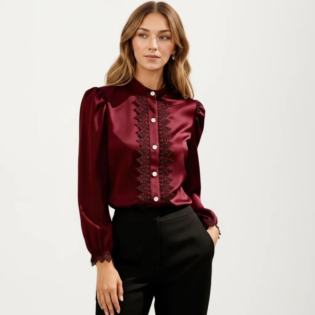 Anna-Kaci Women's Long Sleeve Blouse with Lace Trim Front and Puff Sleeve Cuffs