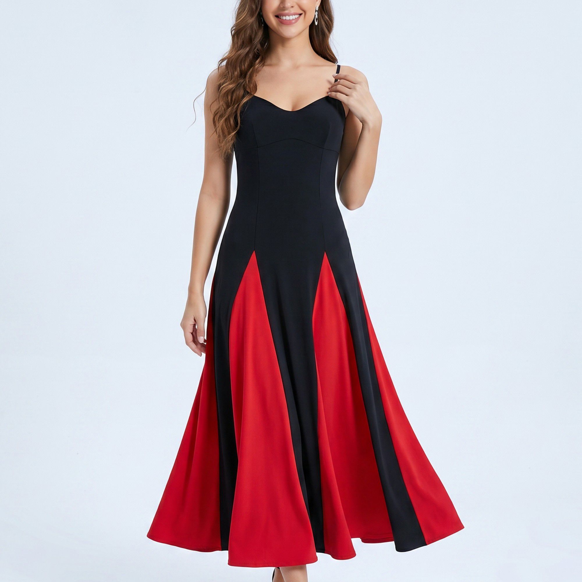 Anna-Kaci Women's Spaghetti Strap Colorblock Fit and Flare Midi Dress