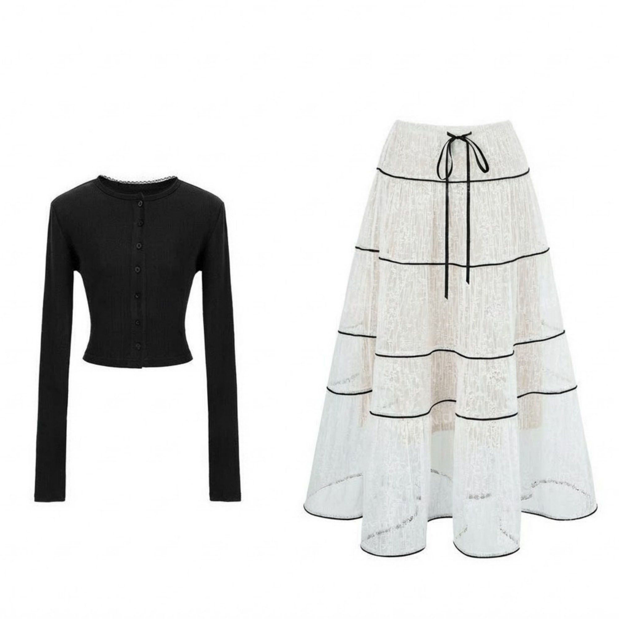 Anna-Kaci Women's 2 Piece Set Long Sleeve Crop Top Button Front Tiered Lace Maxi Skirt Outfit