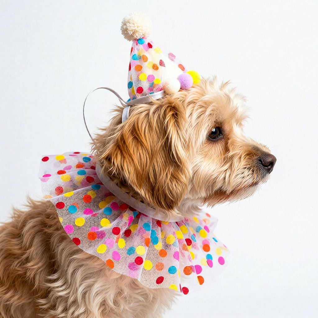 Pet Birthday Hat and Polka Dot Tulle Collar Set Colorful Party Costume Accessory