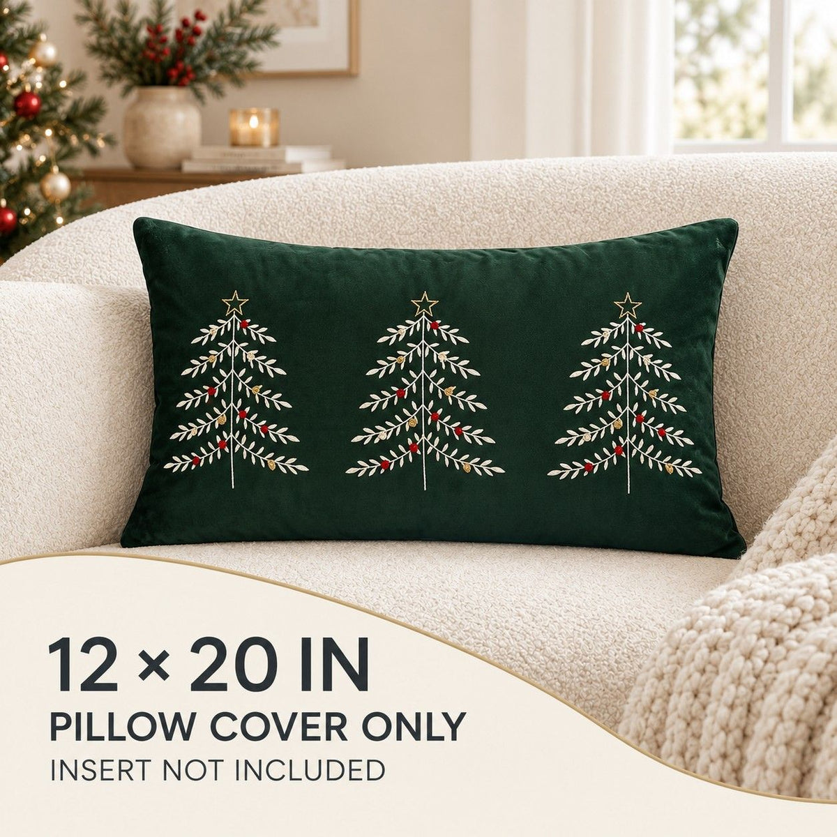 Christmas Tree Embroidered Plush Lumbar Throw Pillow Cover 12 x 20 Inch 1 Pack