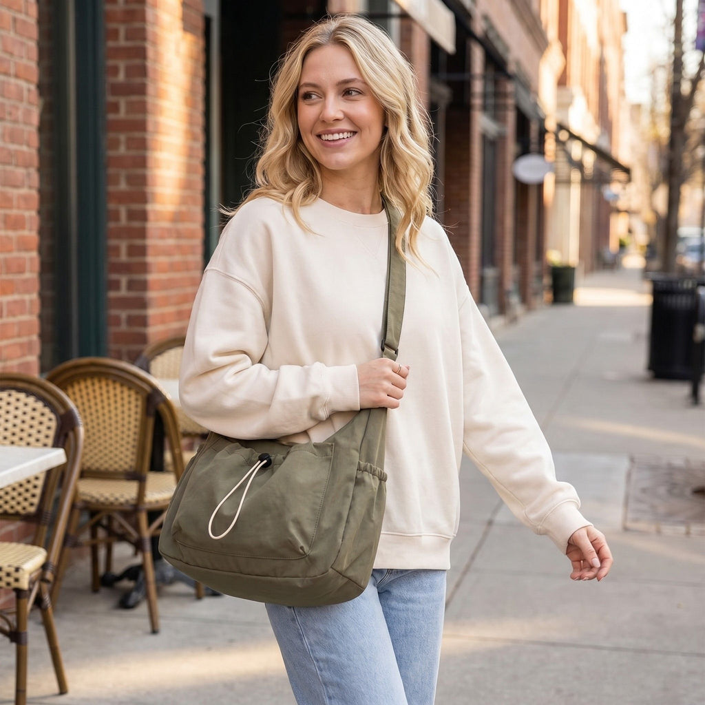 Crossbody Hobo Shoulder Bag with Adjustable Strap Zip Closure and Side Pockets