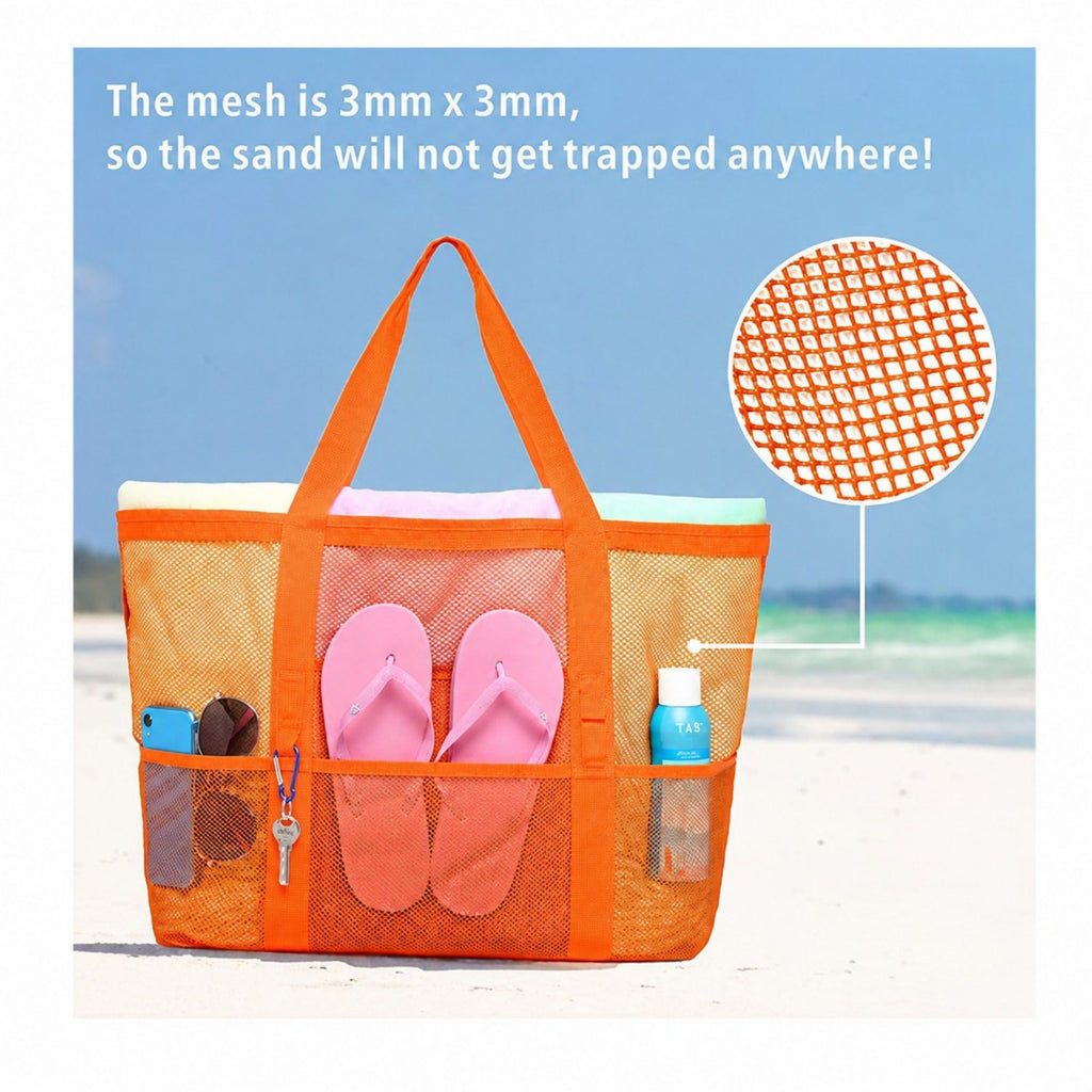 Mesh Beach Tote Bag Large Capacity Travel Shoulder Bag with Exterior Pockets Zipper Top Organizer