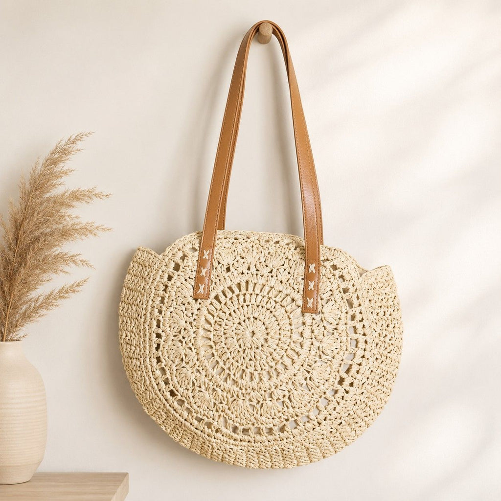 Round Woven Straw Tote Bag with Zip Closure Shoulder Handles and Slip Pocket