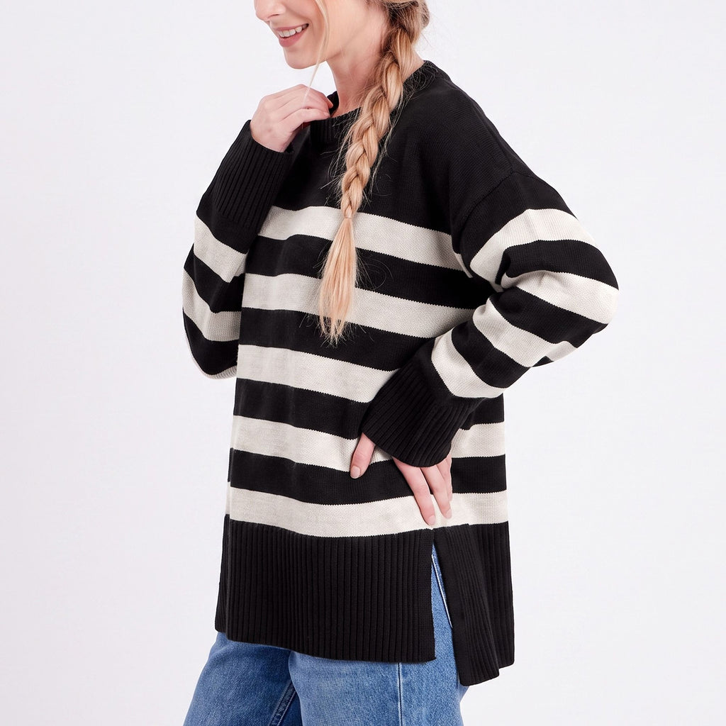 Oversized Striped Crewneck Side Slit Tunic Sweater