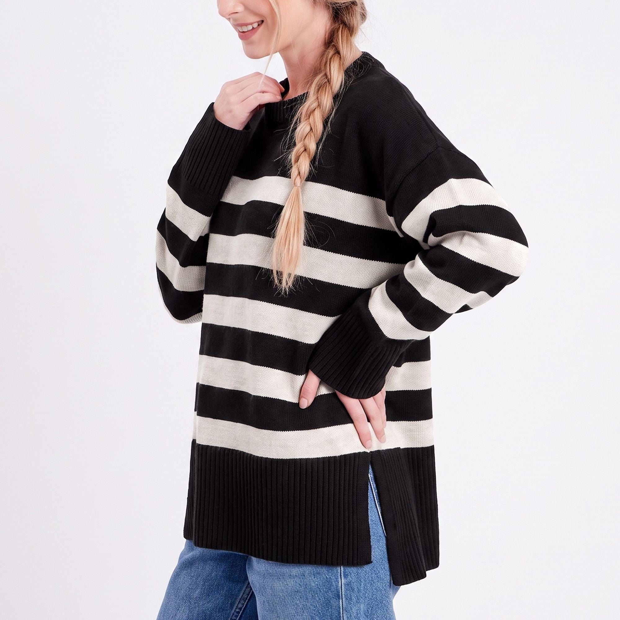 Oversized Striped Crewneck Side Slit Tunic Sweater
