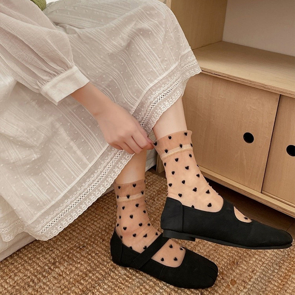 Anna-Kaci Women's Sheer Crew Socks with Flocked Heart Pattern and Reinforced Toe and Heel 2-Pack