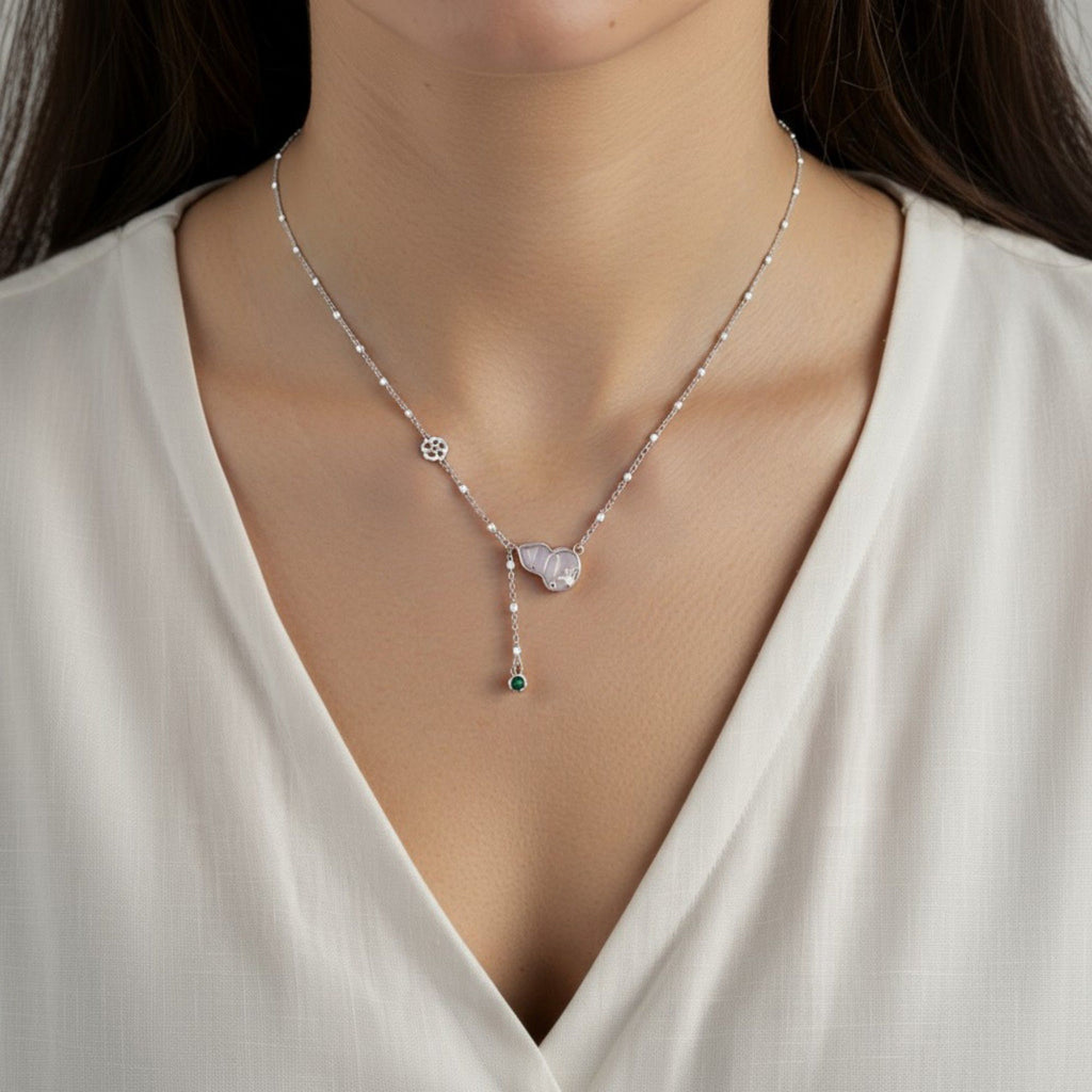 Women's Gourd Pendant Necklace with Drop Gem Accent and Delicate Chain Design