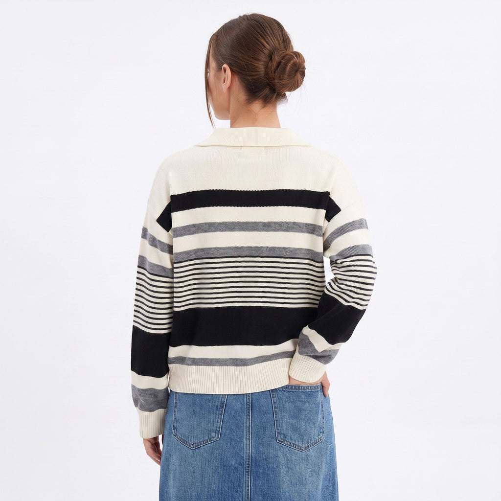 Striped Collared Button Front Knit Cardigan Sweater