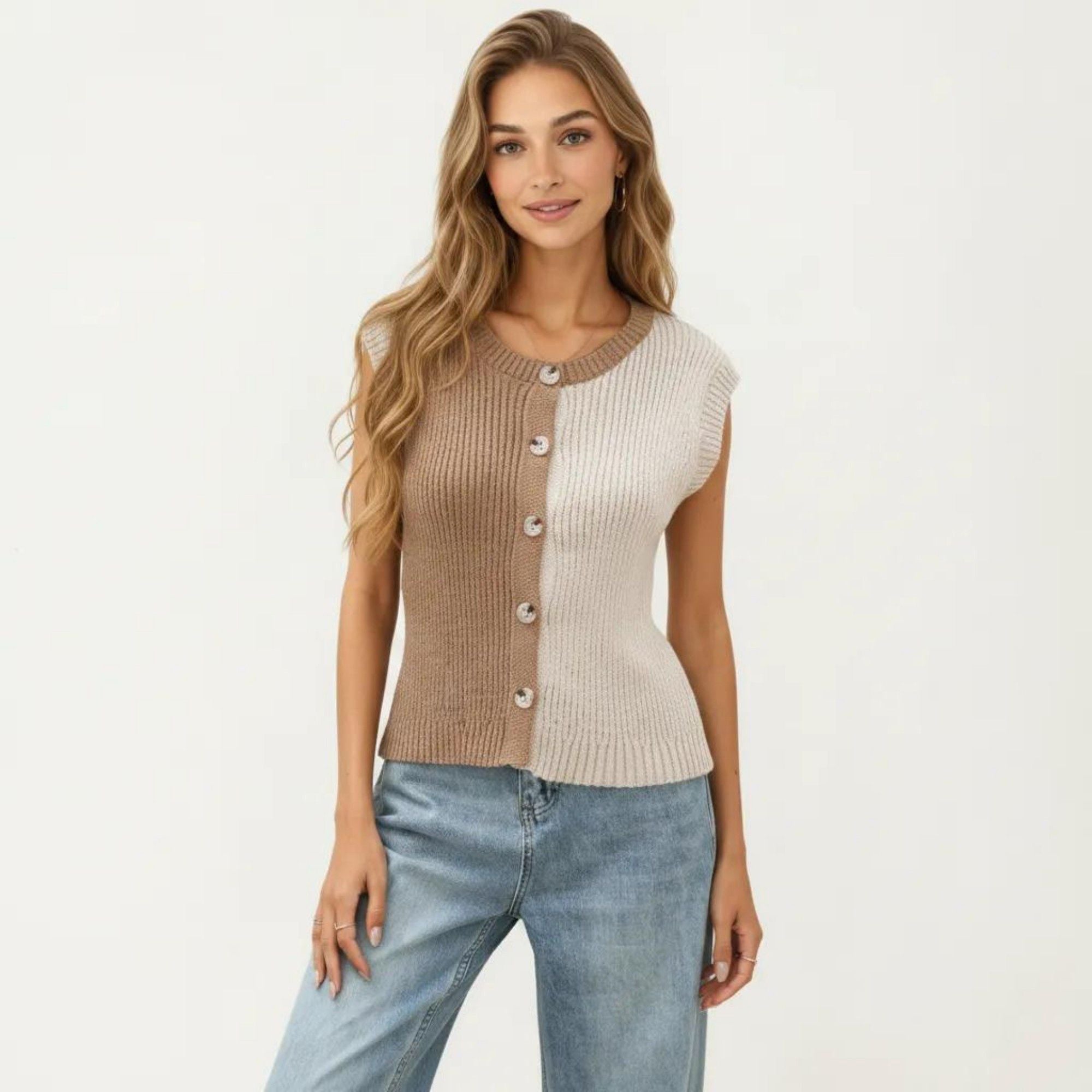 Anna-Kaci Women's Sleeveless Colorblock Knit Vest with Button Front and Ribbed Trim