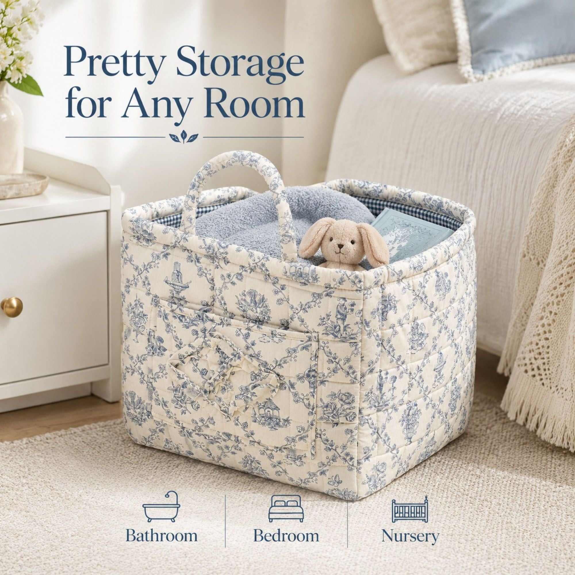 Quilted Floral Storage Caddy with Handles for Dorm Bathroom Vanity and Laundry Room