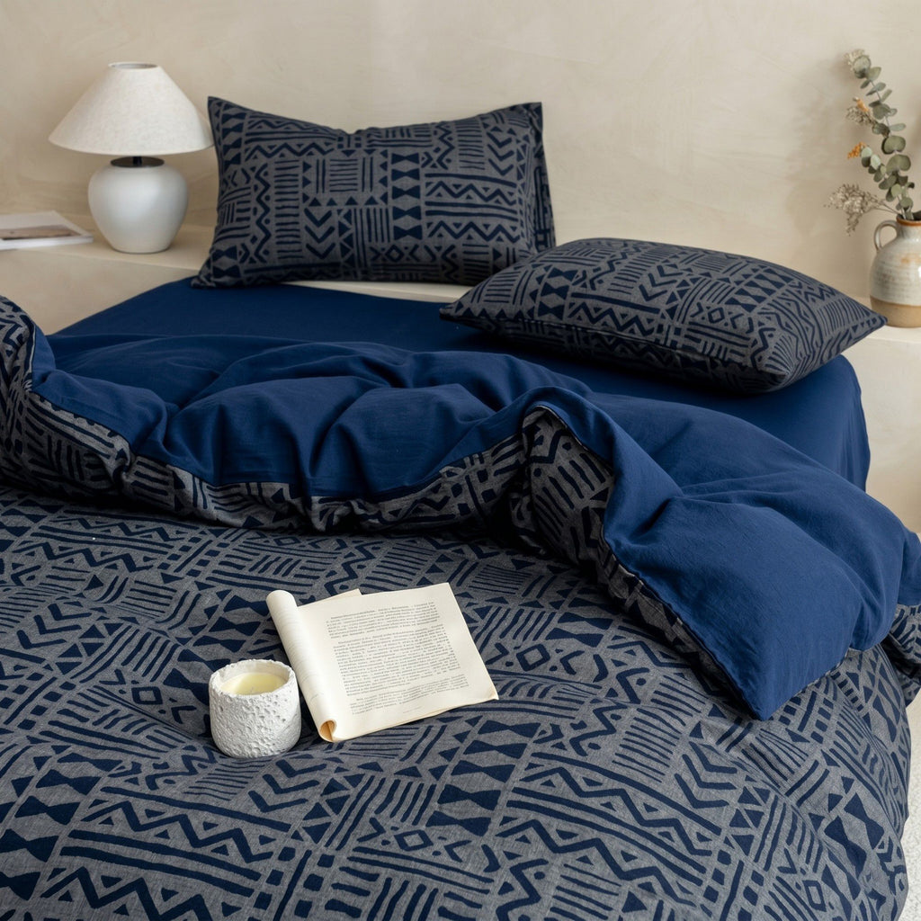 4-Piece Cotton Double Gauze Bedding Set with Duvet Cover Flat Sheet and Pillowcases Textured Woven Pattern