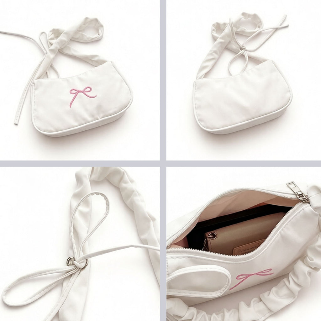 Small Bow Embroidered Shoulder Bag with Ruched Strap and Zip Closure