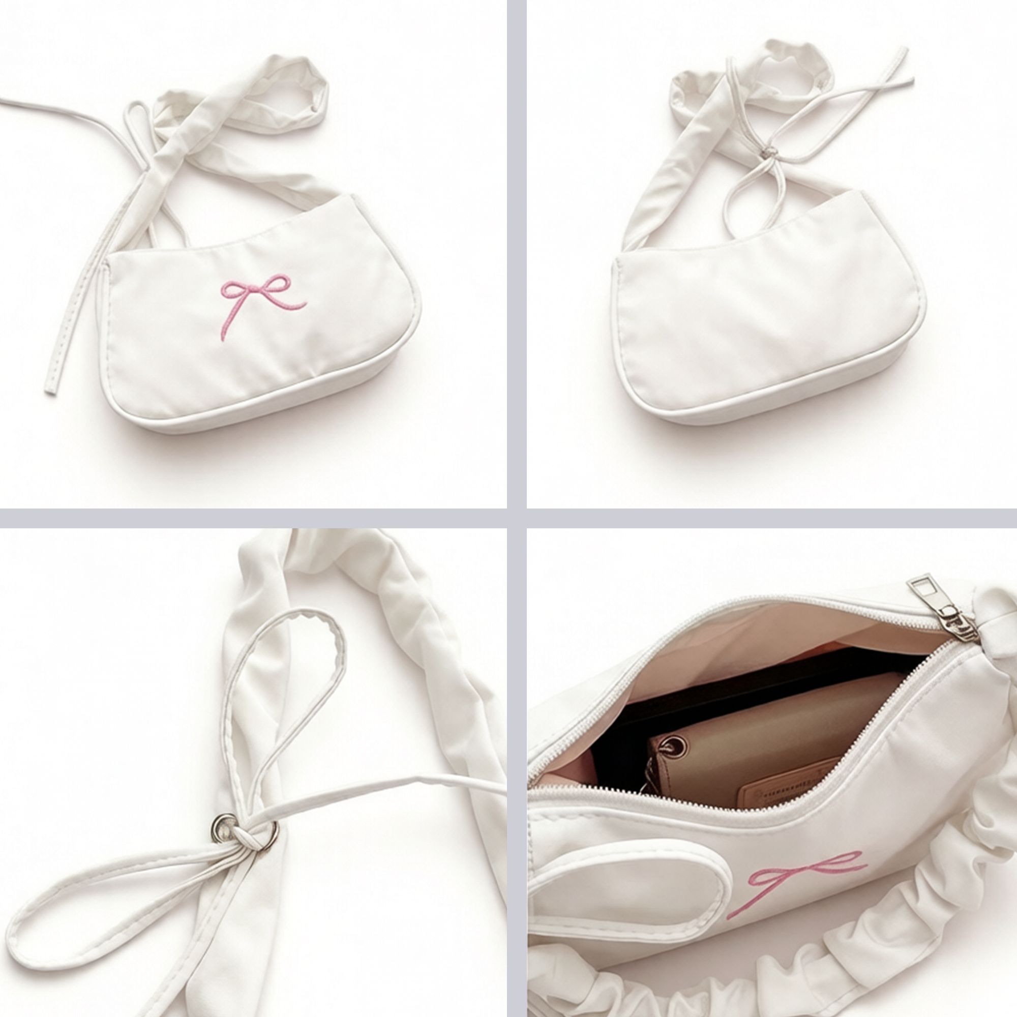 Small Bow Embroidered Shoulder Bag with Ruched Strap and Zip Closure
