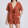 2-Piece Summer Lounge Set with Tie-Front V-Neck Top Short Sleeves and Curved Hem Shorts