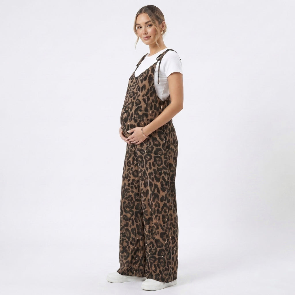 Anna-Kaci Women's Maternity Leopard Print Wide Leg Jumpsuit with Tie Shoulder Straps and Layered Tee Look