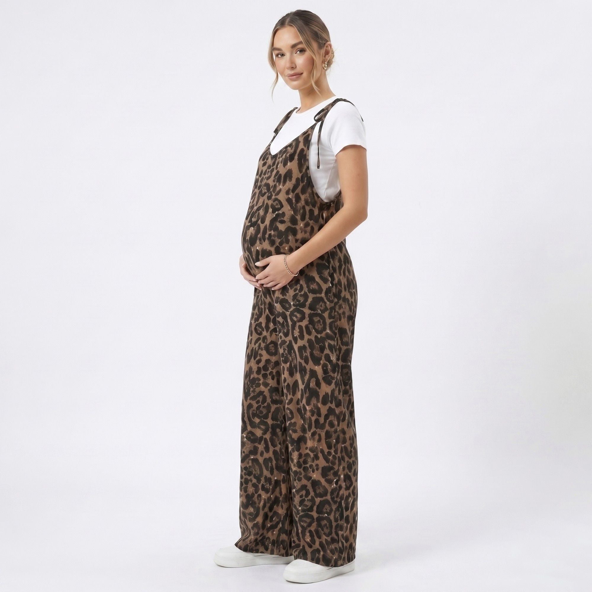 Anna-Kaci Women's Maternity Leopard Print Wide Leg Jumpsuit with Tie Shoulder Straps and Layered Tee Look