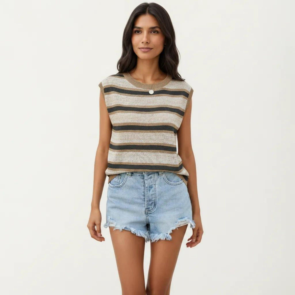 Anna-Kaci Women's Sleeveless Striped Knit Top with Shoulder Button Detail and Relaxed Fit