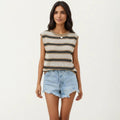 Anna-Kaci Women's Sleeveless Striped Knit Top with Shoulder Button Detail and Relaxed Fit