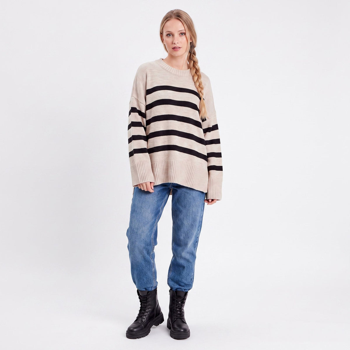 Oversized Striped Crewneck Side Slit Tunic Sweater