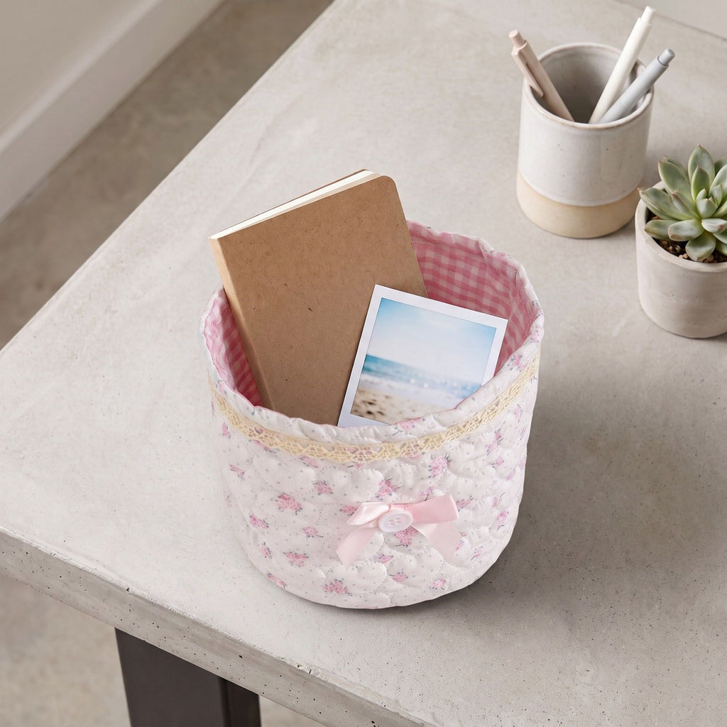 Quilted Fabric Storage Basket with Lace Trim and Bow