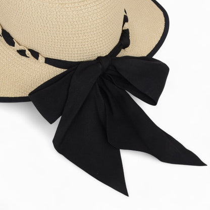 Anna-Kaci Women's Wide Brim Straw Hat with Braided Band and Contrast Bow Detail
