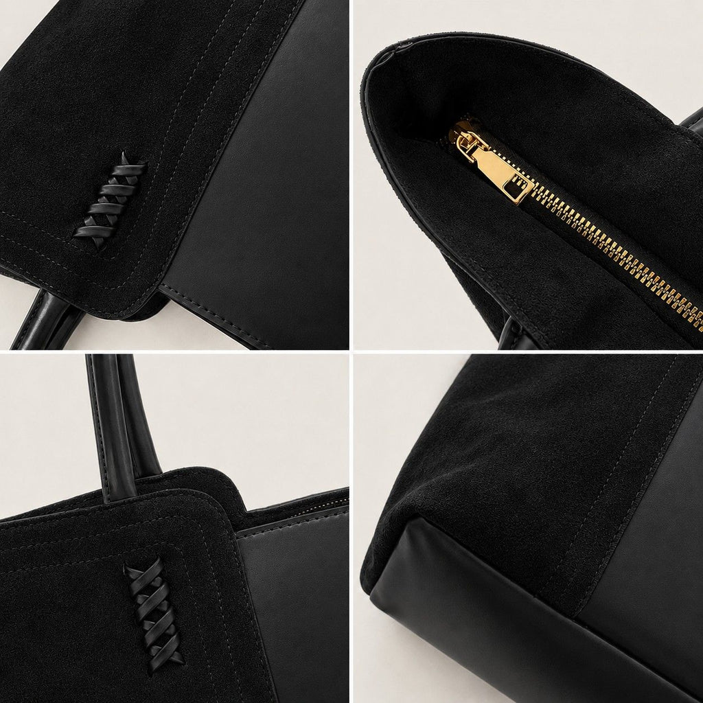 Faux Suede Tote Bag with Double Shoulder Handles Zip Closure and Interior Pockets