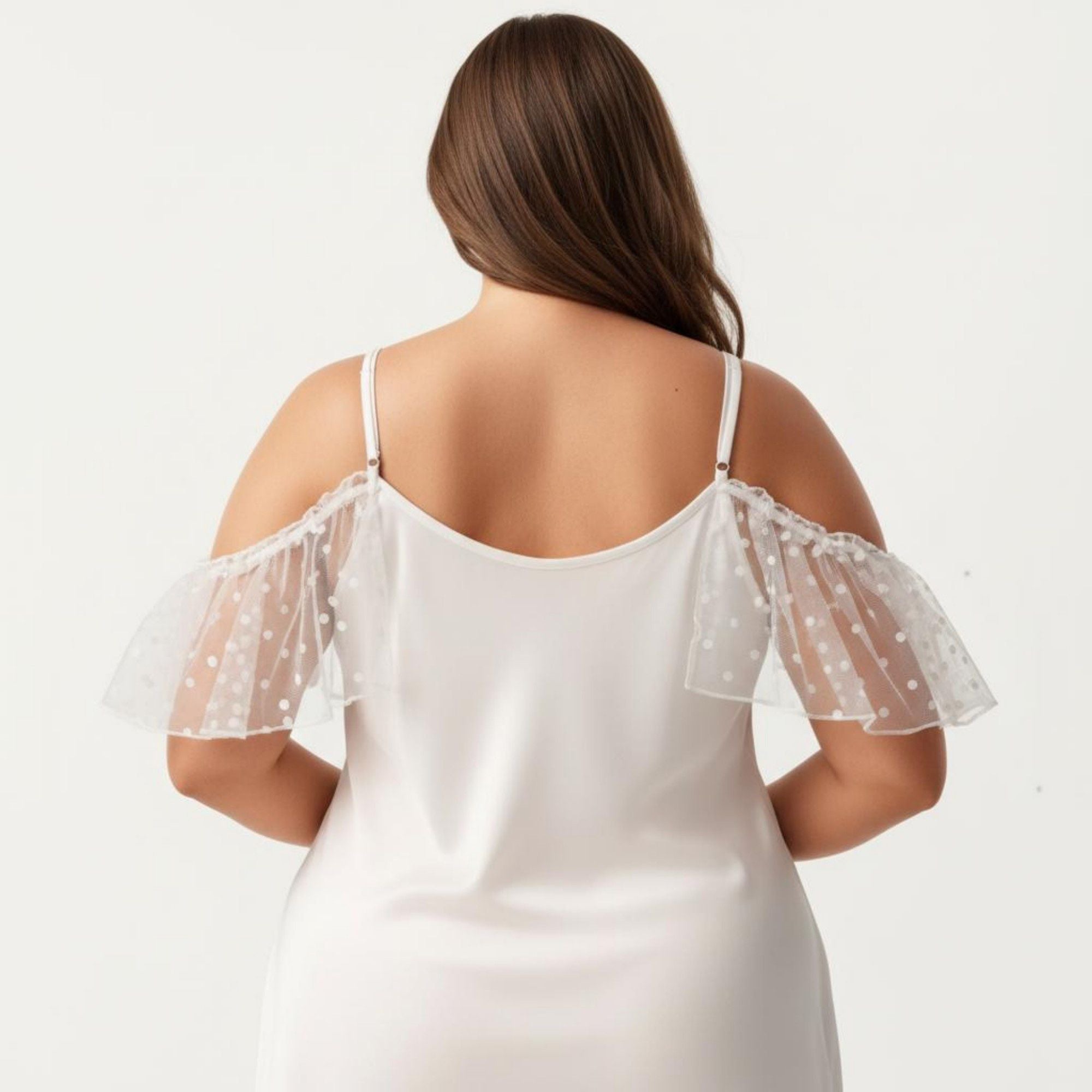 Anna-Kaci Lounge Women's Plus Size Chiffon Chemise Ruffle Sleeve Lace Trim Nightgown Adjustable Strap Sleep Dress