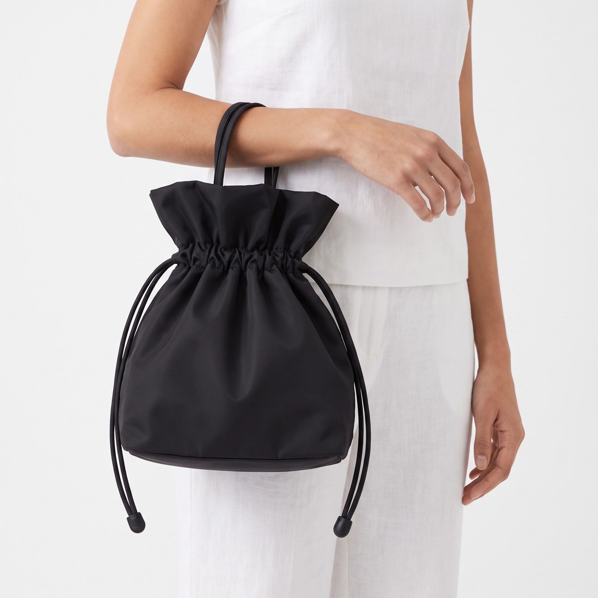 Drawstring Bucket Bag with Double Top Handles and Ruched Opening 11x9x4.5in