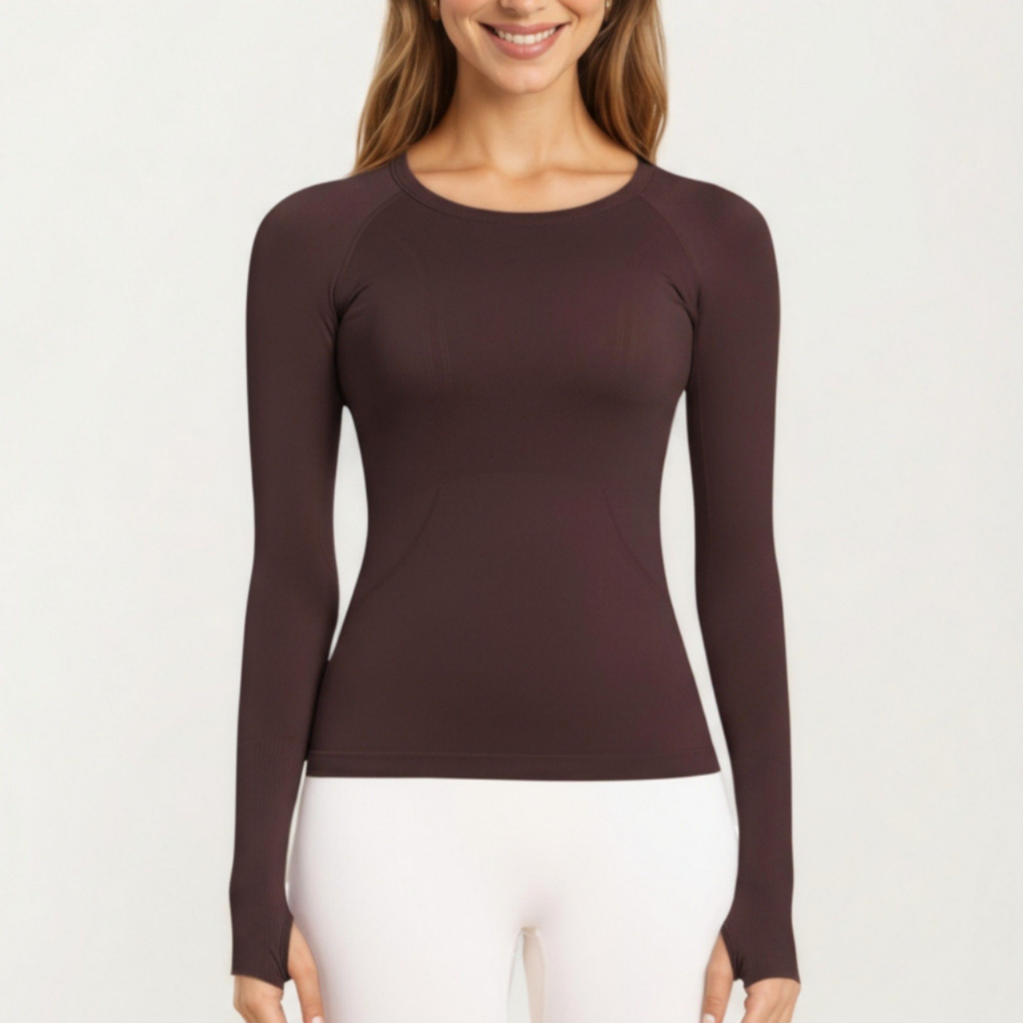 Anna-Kaci Active Women's Seamless Long Sleeve Fitted Top with Thumbhole Cuffs and Crew Neck