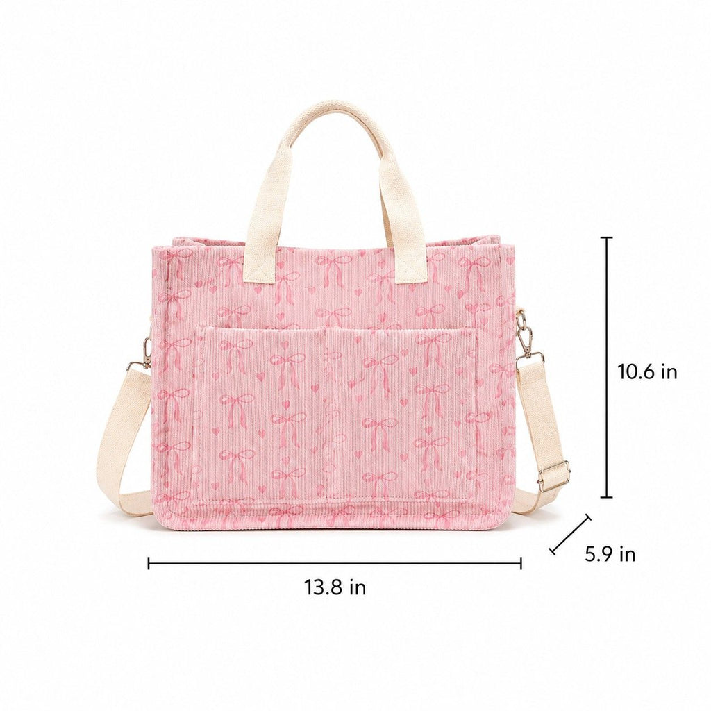 Canvas Tote Bag with Bow Print Large Capacity Lightweight Adjustable Shoulder Bag