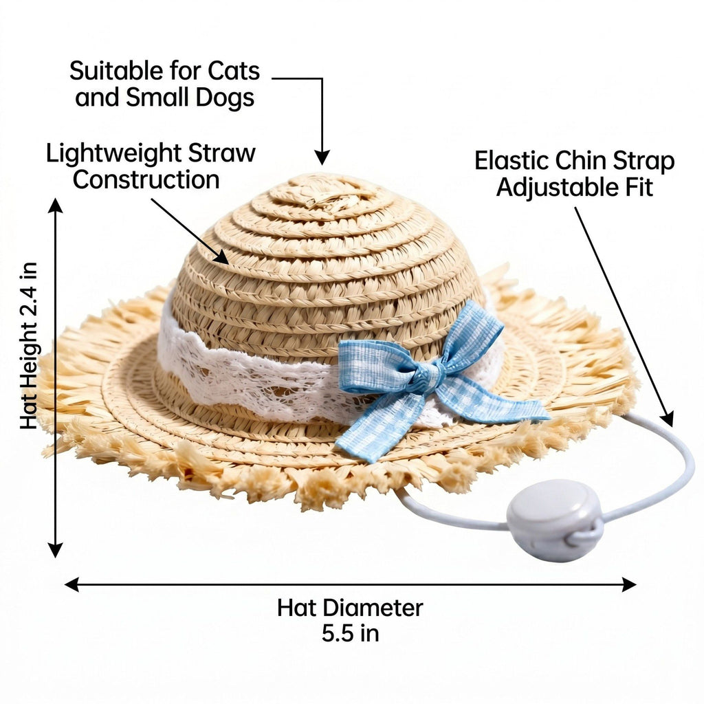 Pet Straw Sun Hat with Lace Trim Bow Adjustable Chin Strap Summer Costume Hat for Cats and Small Dogs