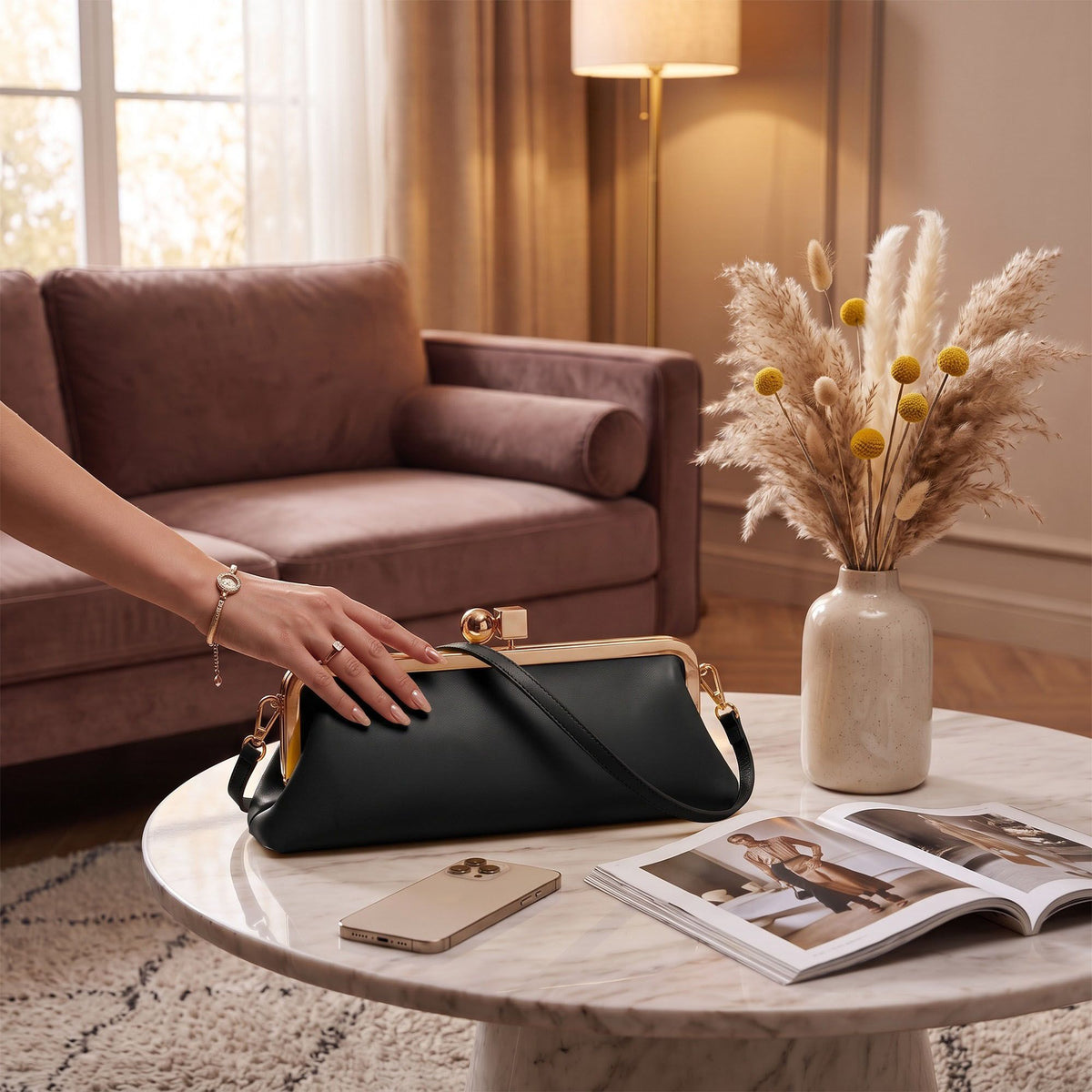 Faux Leather Metal Frame Clasp Shoulder Bag Evening Clutch