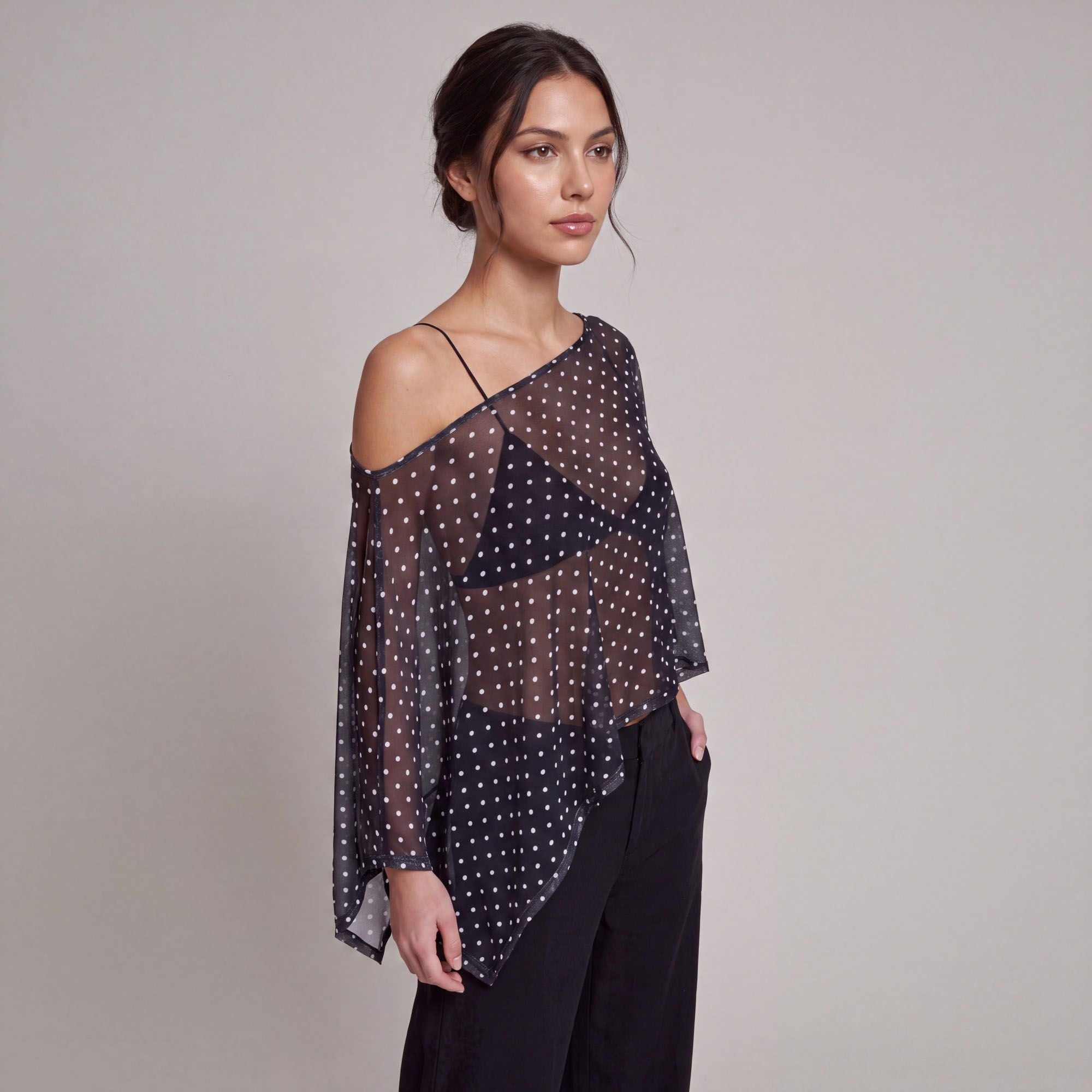 Sheer Polka Dot Asymmetrical Poncho Blouse with Off Shoulder Neckline Flowy Fit and Three Quarter Sleeves