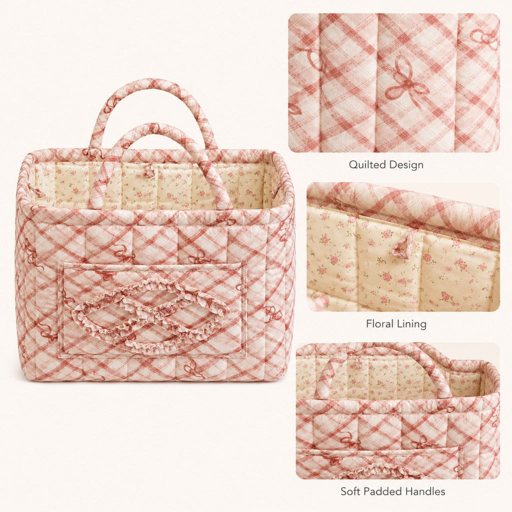 Quilted Plaid Storage Caddy with Handles for Dorm Bathroom Vanity and Laundry Room