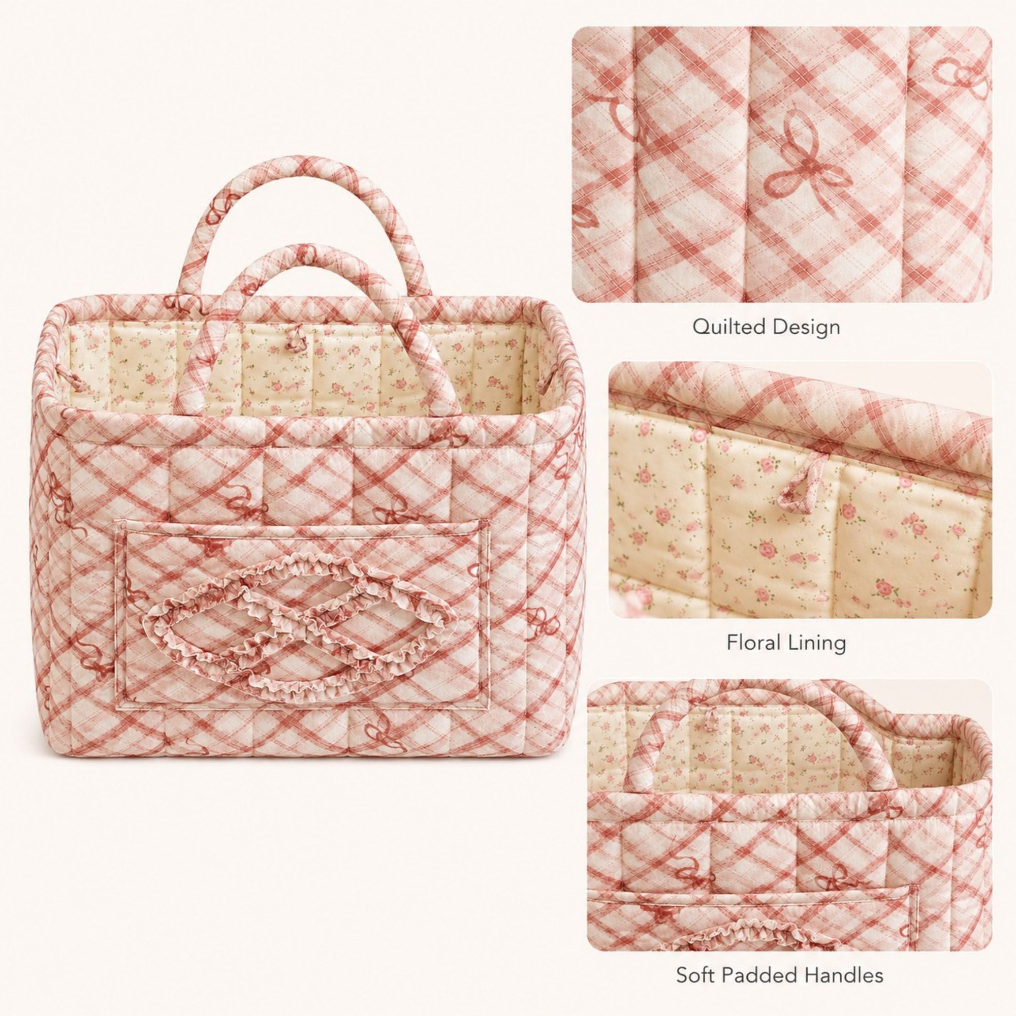 Quilted Plaid Storage Caddy with Handles for Dorm Bathroom Vanity and Laundry Room