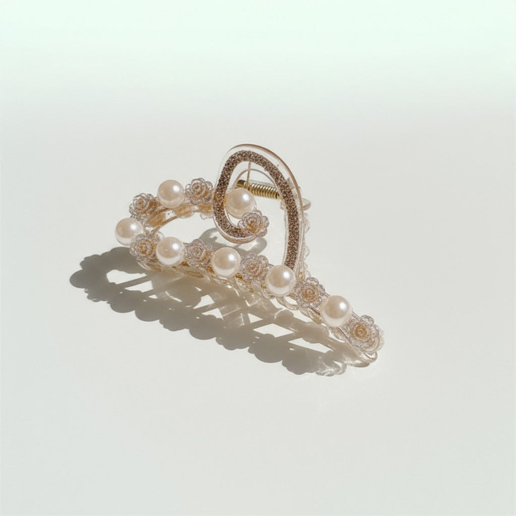 Beaded Flower Metal Hair Claw Clip with Curved Design and Textured Accents