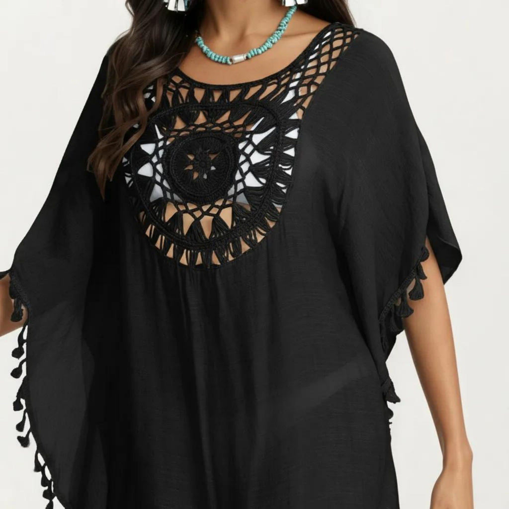Anna-Kaci Women's Crochet Medallion Swim Cover Up Dress with Tassel Trim and Relaxed Boho Silhouette