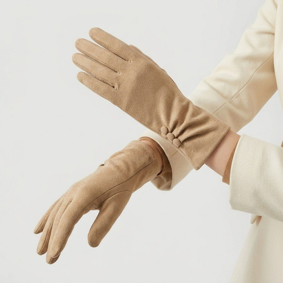 Faux Suede Winter Gloves with Pleated Wrist and Button Detail 9.4 x 3.3in