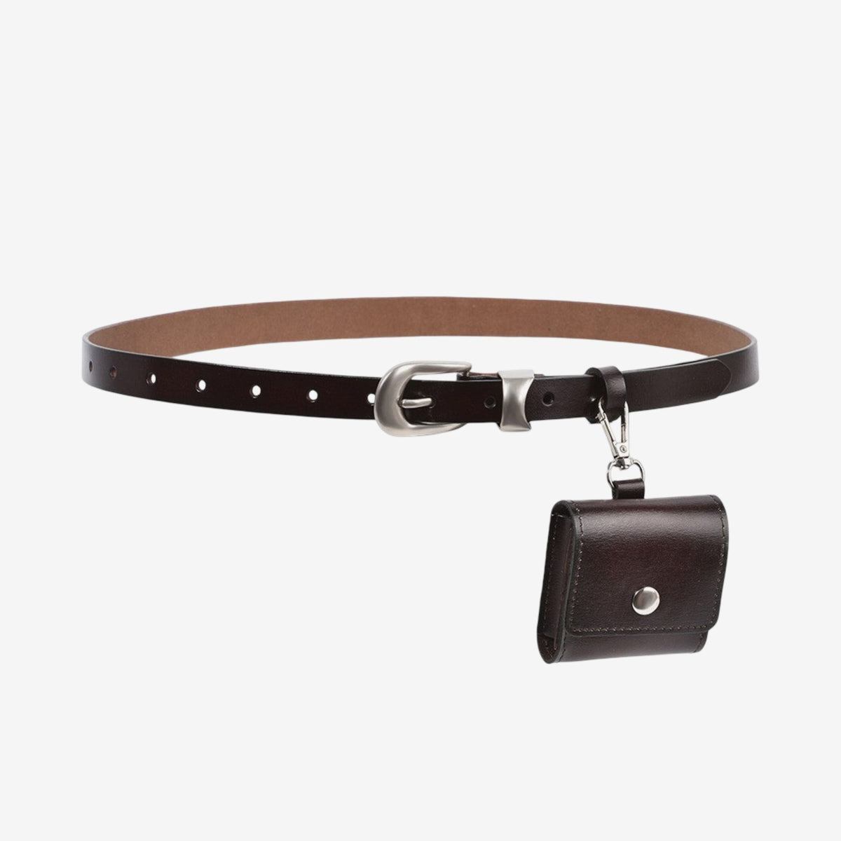 Genuine Leather Belt with Detachable Mini Pouch and Silver Tone Buckle 41.3in