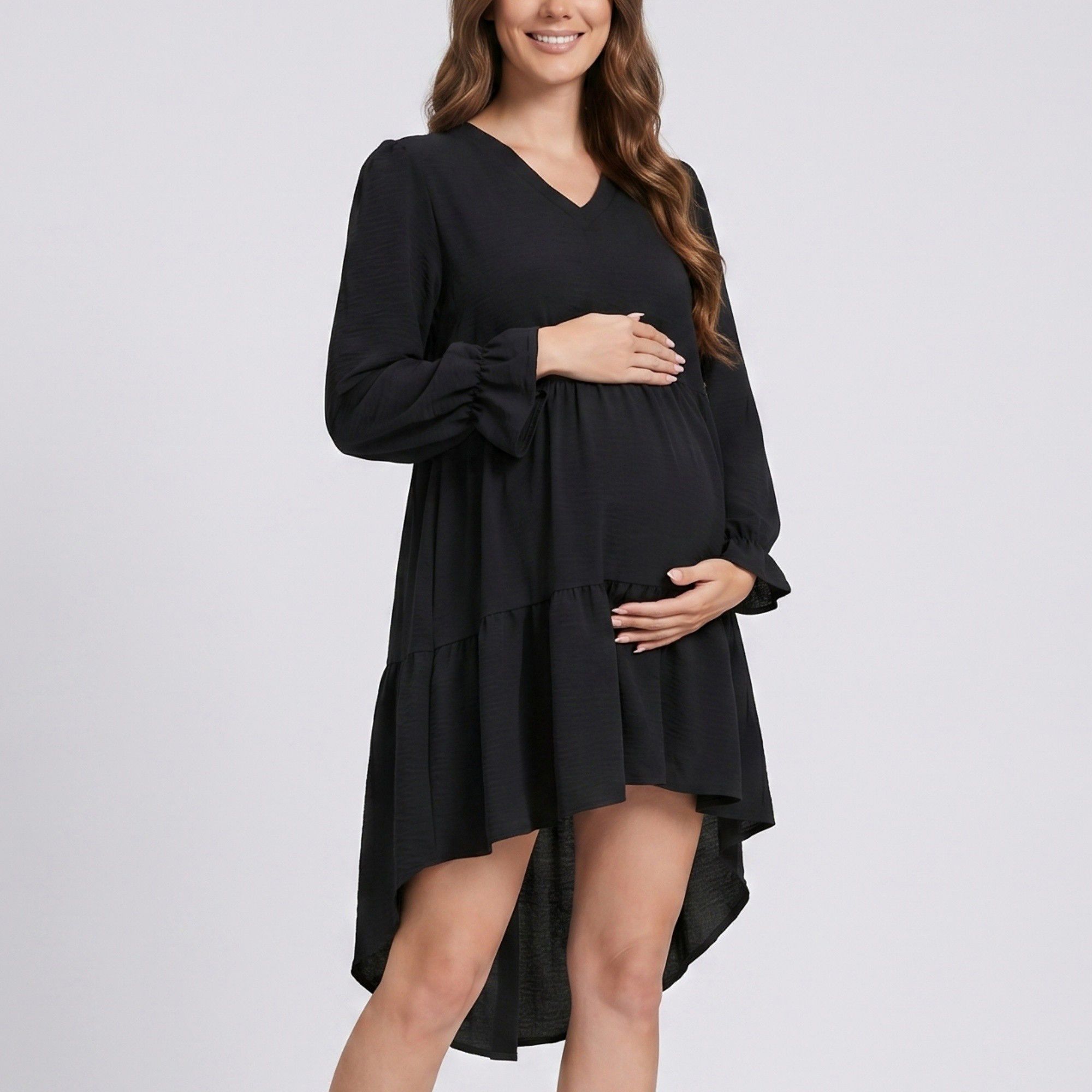 Anna-Kaci Women's Maternity V Neck High Low Mini Dress with Long Sleeves and Tiered Hem