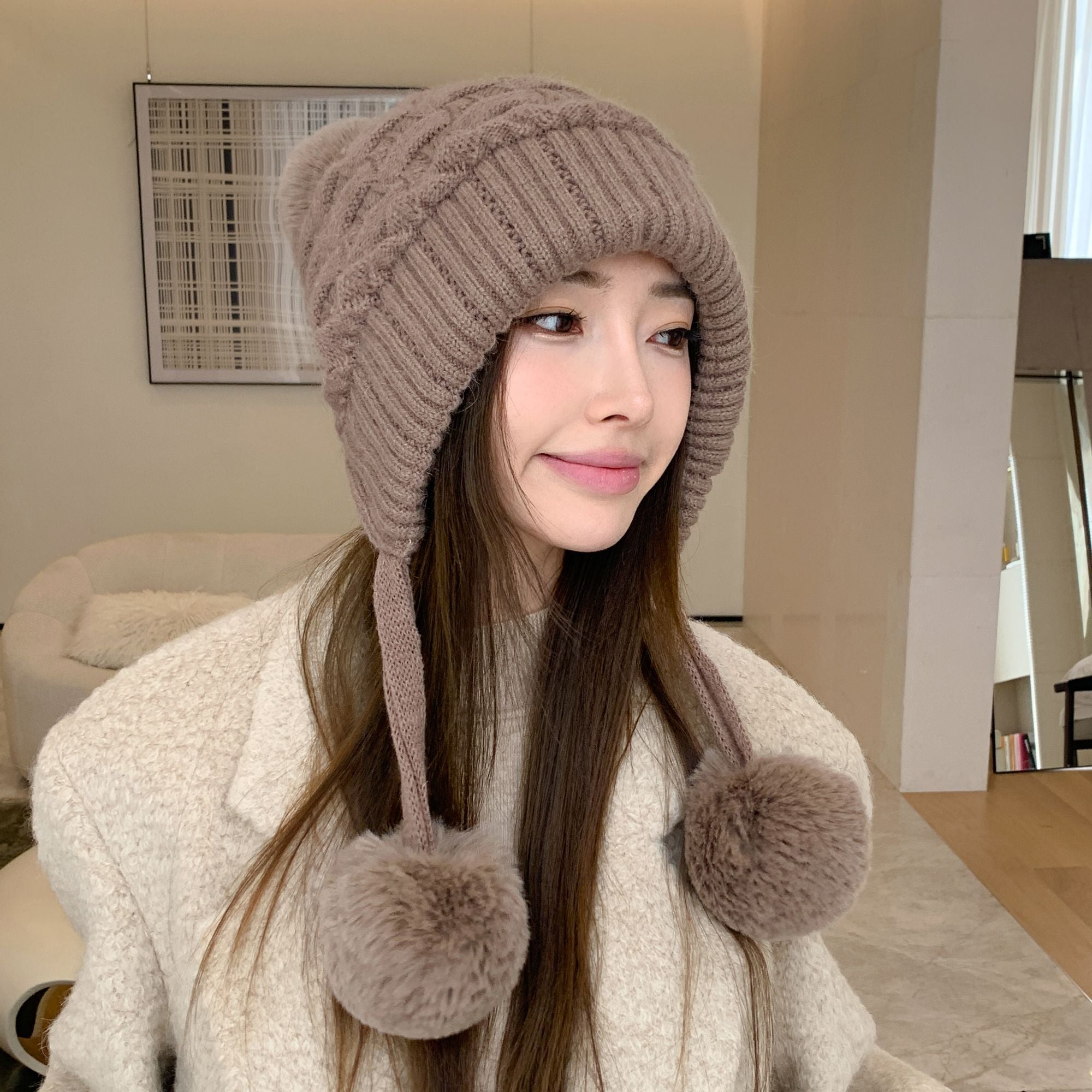 Anna-Kaci Women's Knit Trapper Hat with Pom - Poms