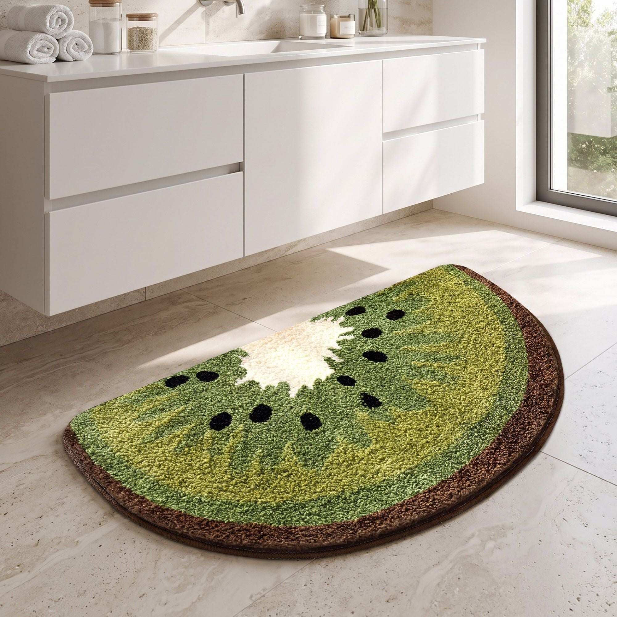 Kiwi Fruit Slice Plush Semicircle Bathroom Mat with Green Tufted Design