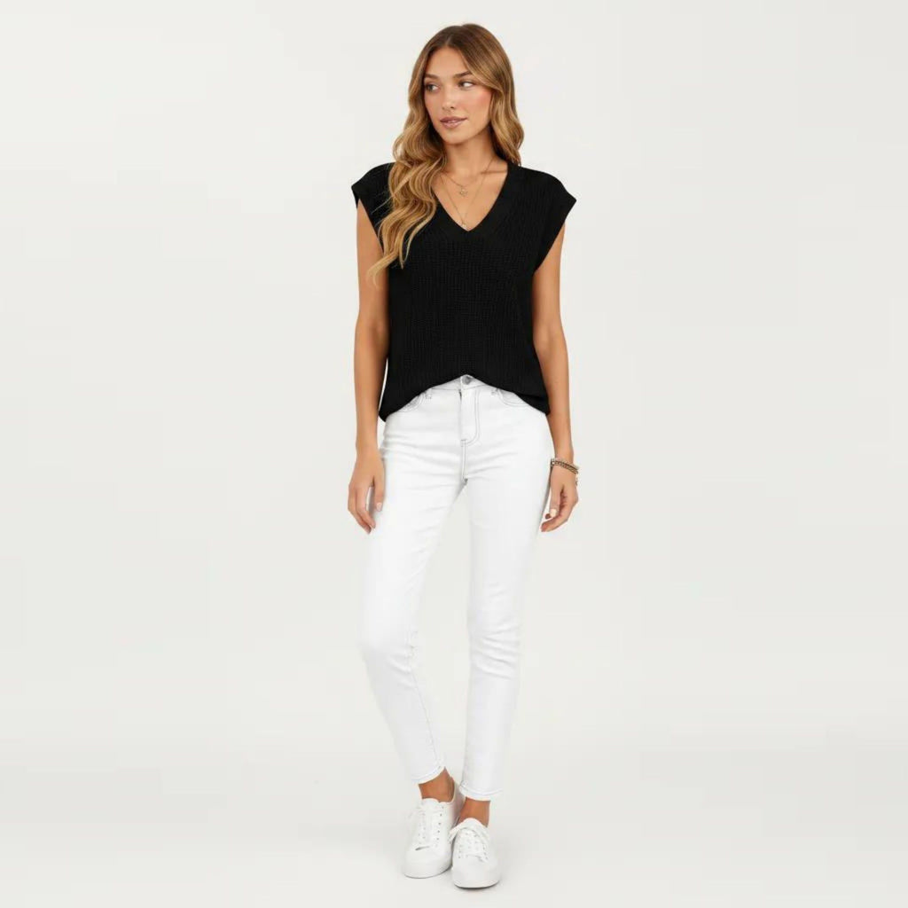 Anna-Kaci Women's Sleeveless Knit Sweater Vest with V Neck Ribbed Trim Relaxed Fit Textured Pullover Top